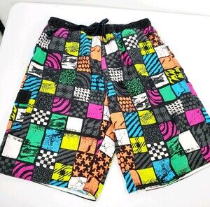 Mens Triangle FL Swim Suit Board Shorts Baggy Neon Black Retro Surf Trunks L